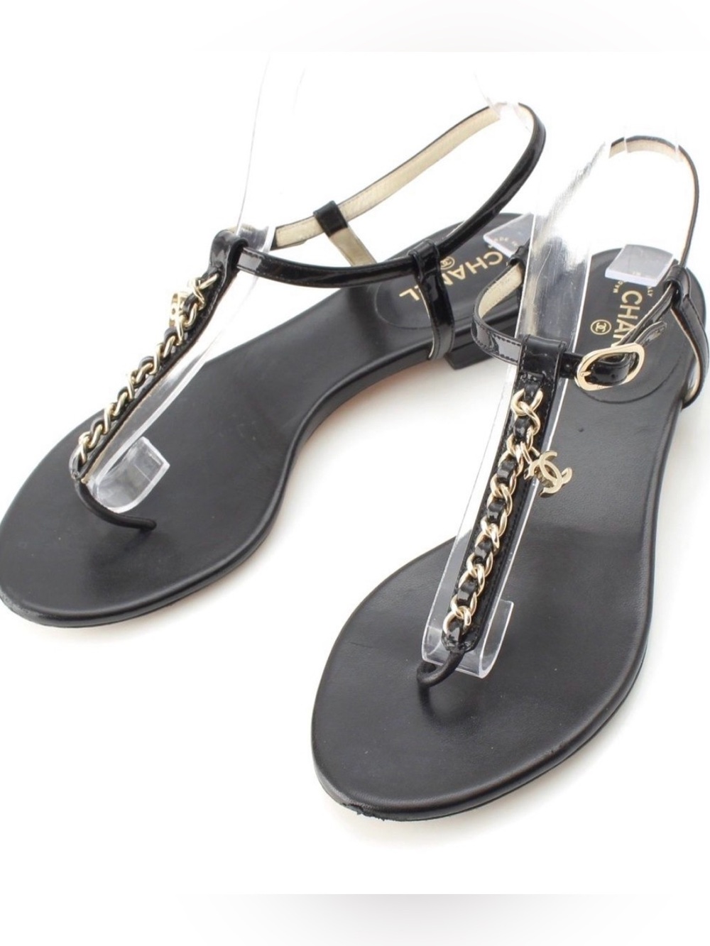 Chanel Black & Gold Chain CC T-Strap Sandals/ Size EU 36 1/2